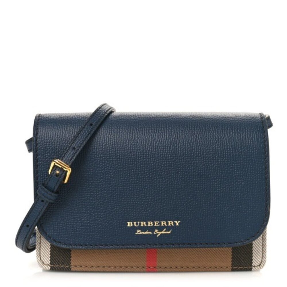 Burberry Hampshire Horse Check Canvas Derby Leather Crossbody Bag Ink Blue
